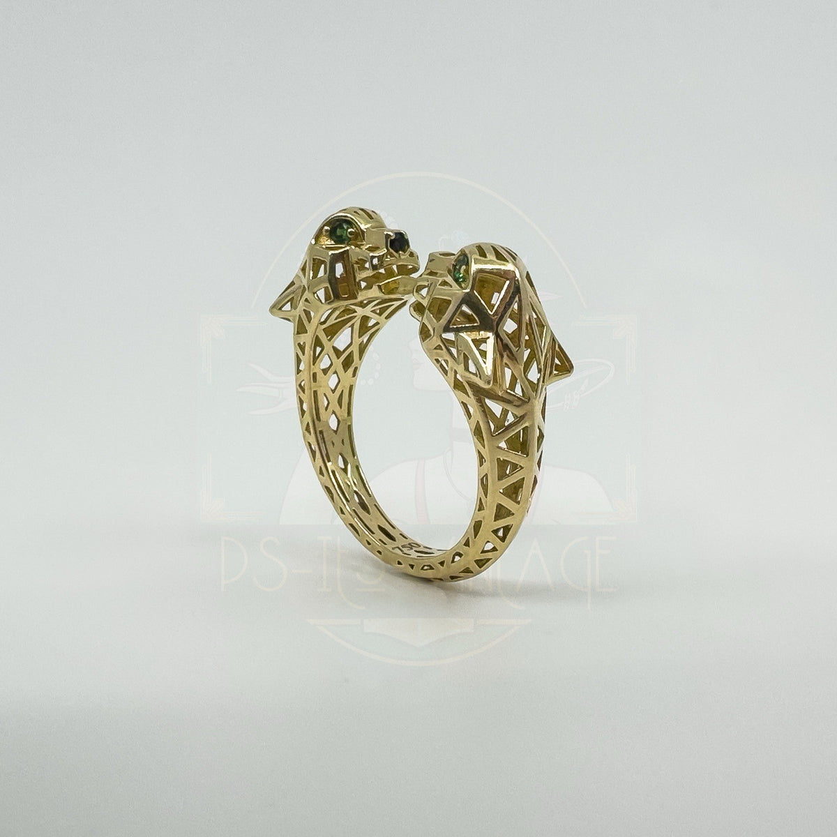 18ct Gold Gem Set Double Panther Head Ring Size O 750