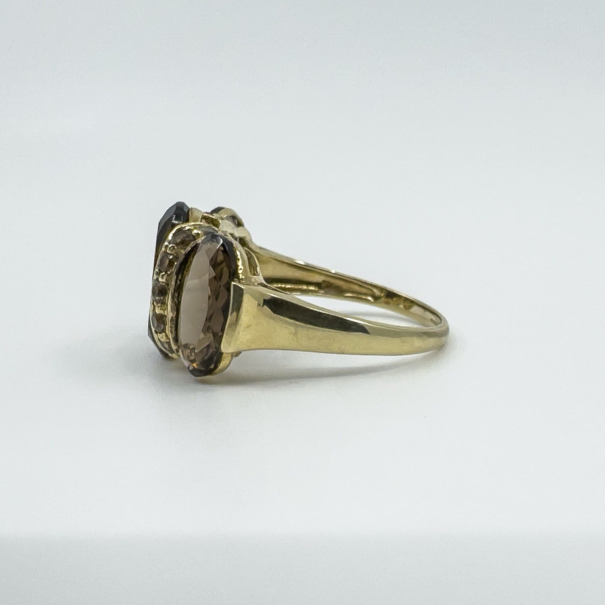 Huge Vintage 9ct Gold Chunky Smokey Quartz Trilogy Size T - U