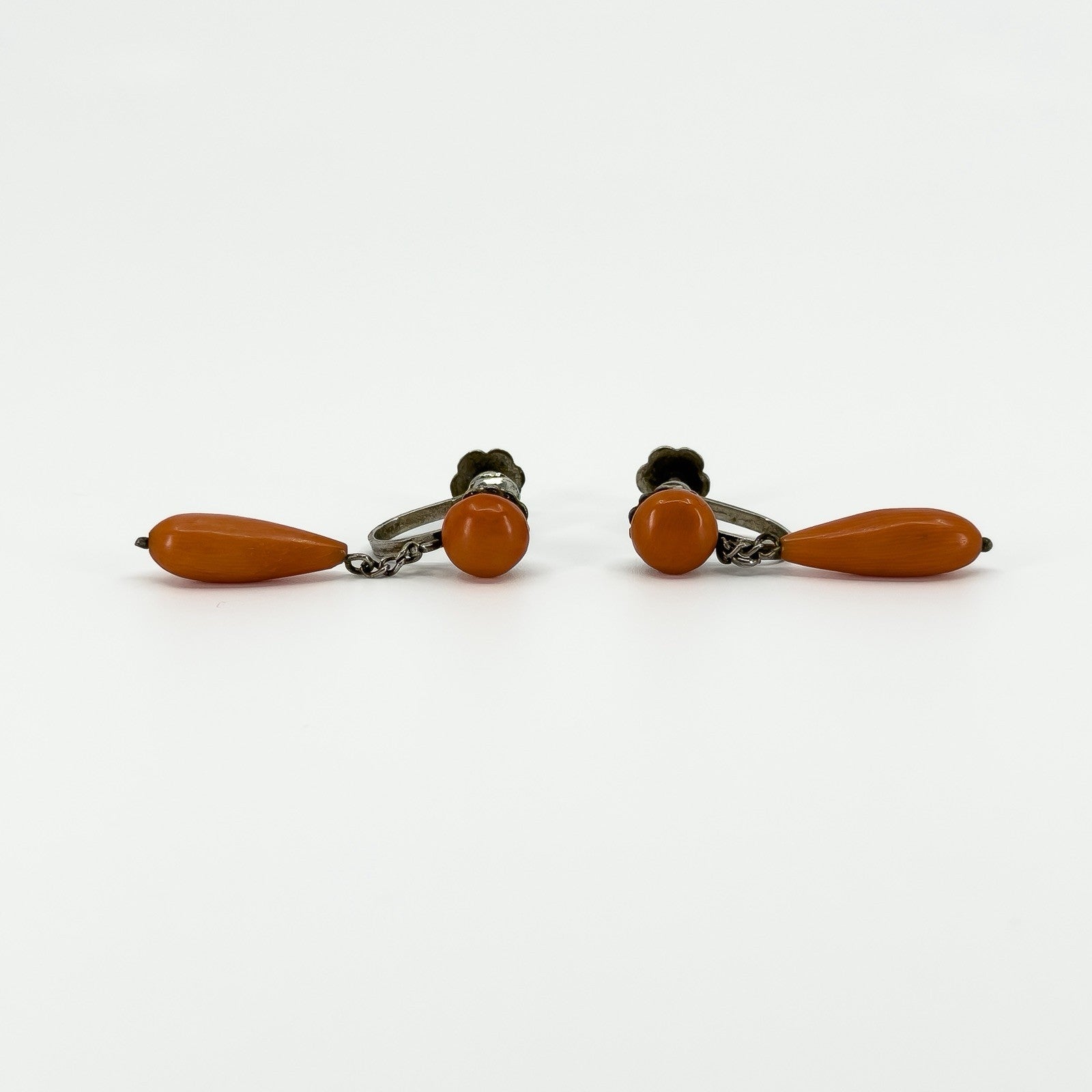 Antique Victorian Sterling Silver Natural Coral Screw Back Earrings 925