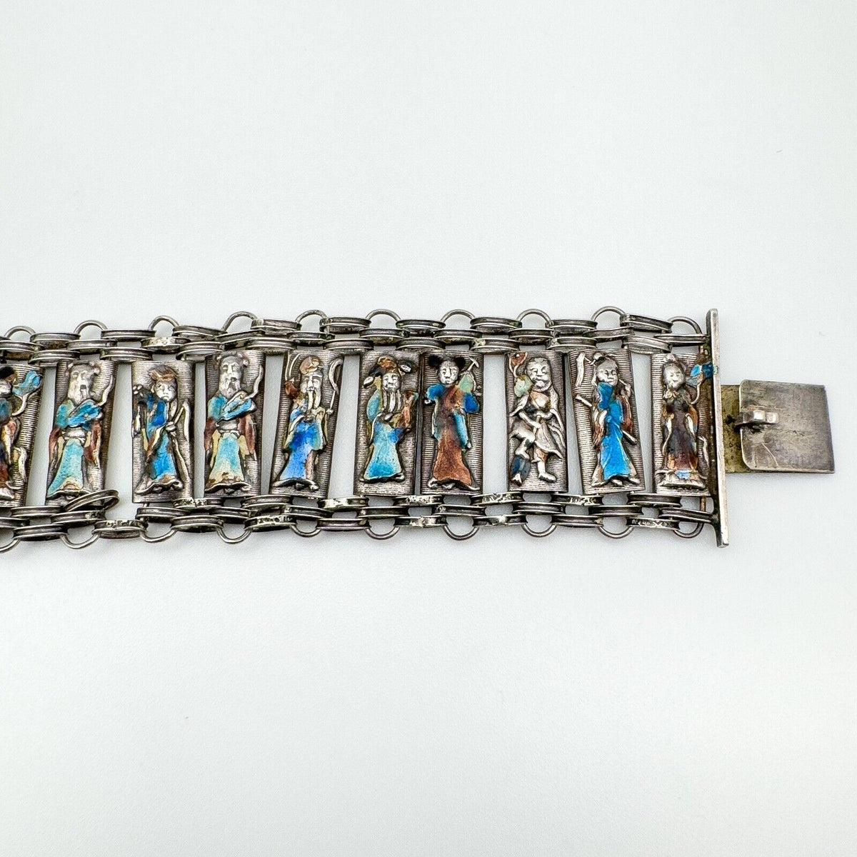 RARE Vintage Antique Silver Chinese People Enamelled Bracelet - 8x Immortals 16g