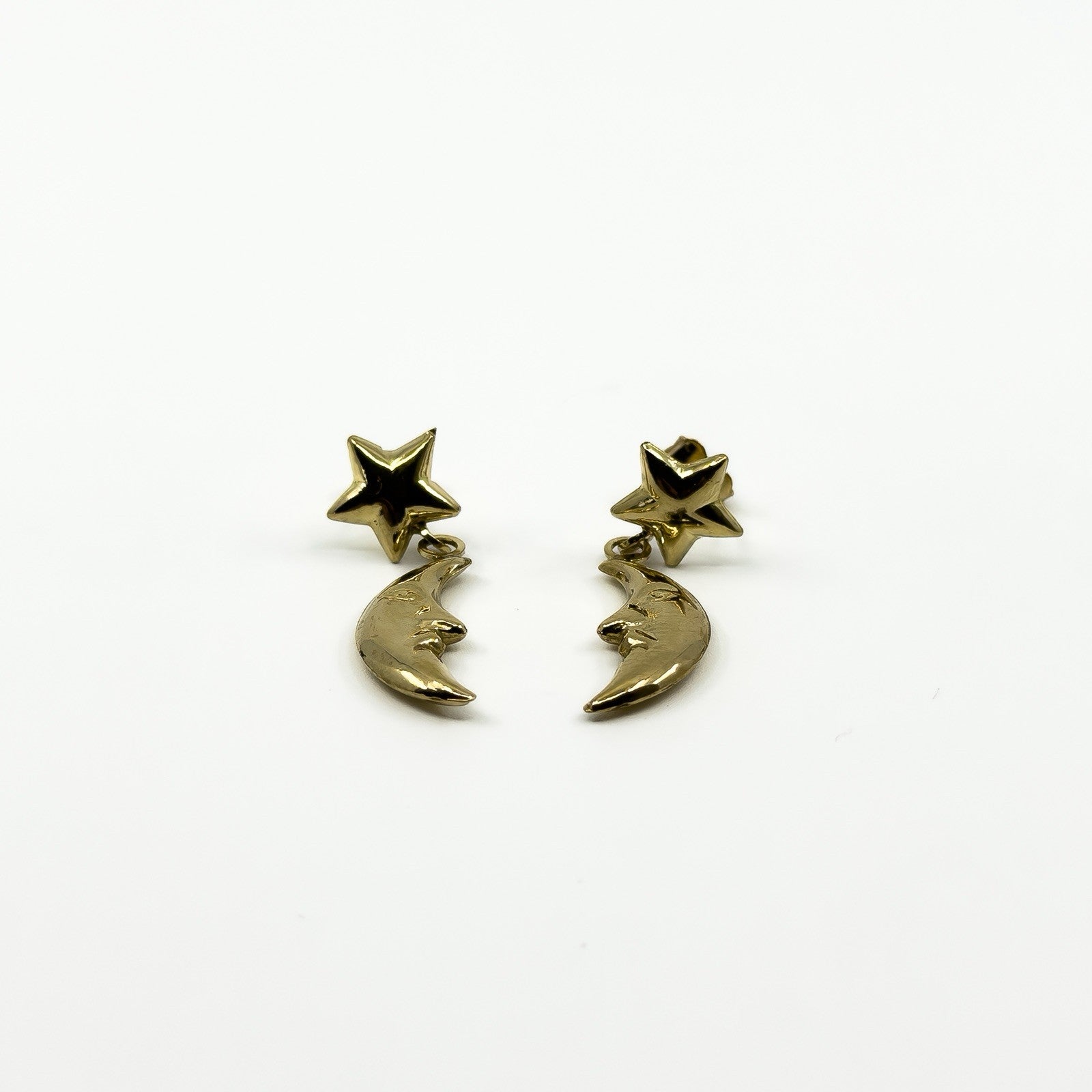 Vintage 9ct Gold Celestial Moon & Star Dangle Drop Earrings 375