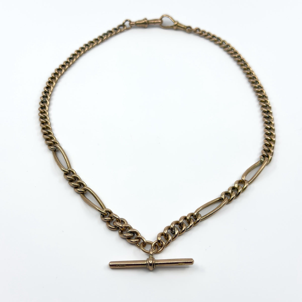 Antique 9ct Rose Gold 17.” Albert Chain Necklace Double Dog Clip T-Bar Charm 375