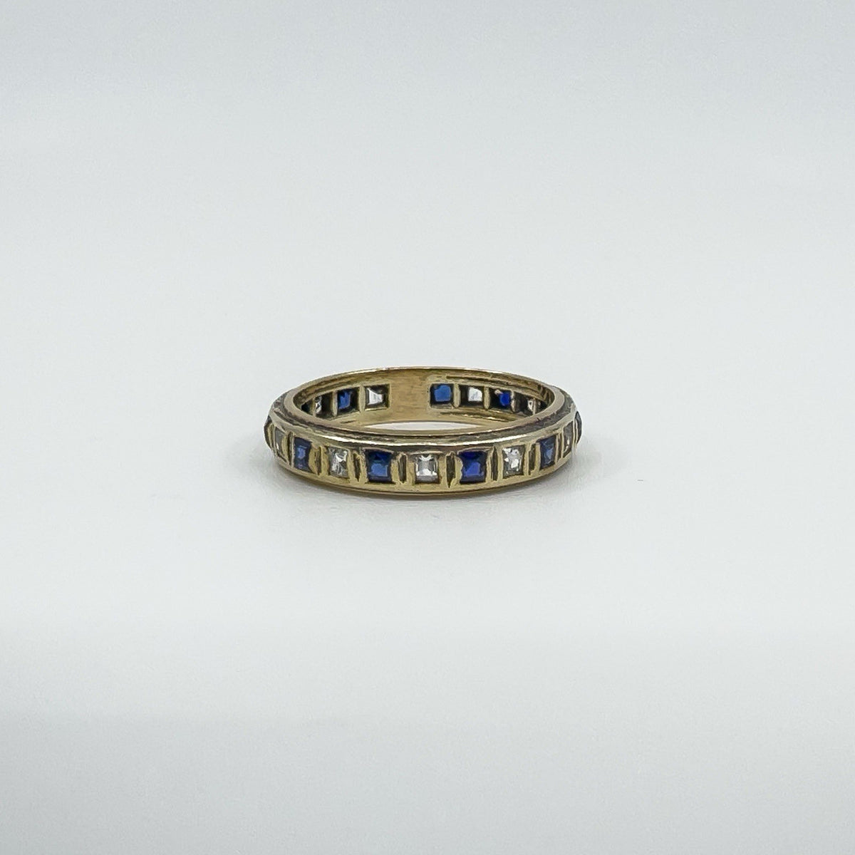 Vintage 9ct Gold Blue & White Spinel Full Eternity Band / Ring Size Q