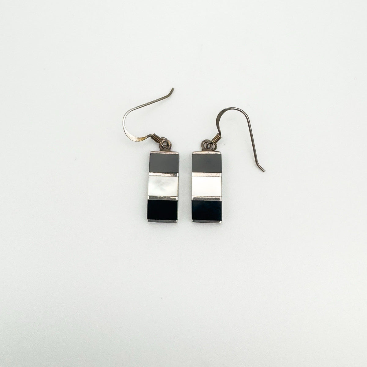 Black Onyx & White Mother of Pearl Drop Earrings Shepherd Hooks Sterling Silver