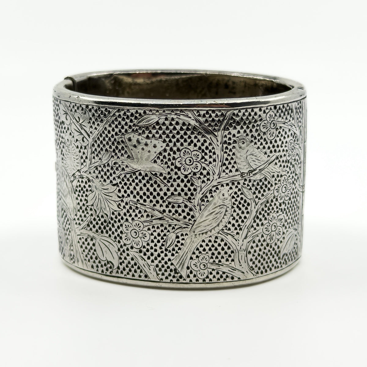 Wide Antique Victorian Sterling Silver Engraved Floral Bangle 925