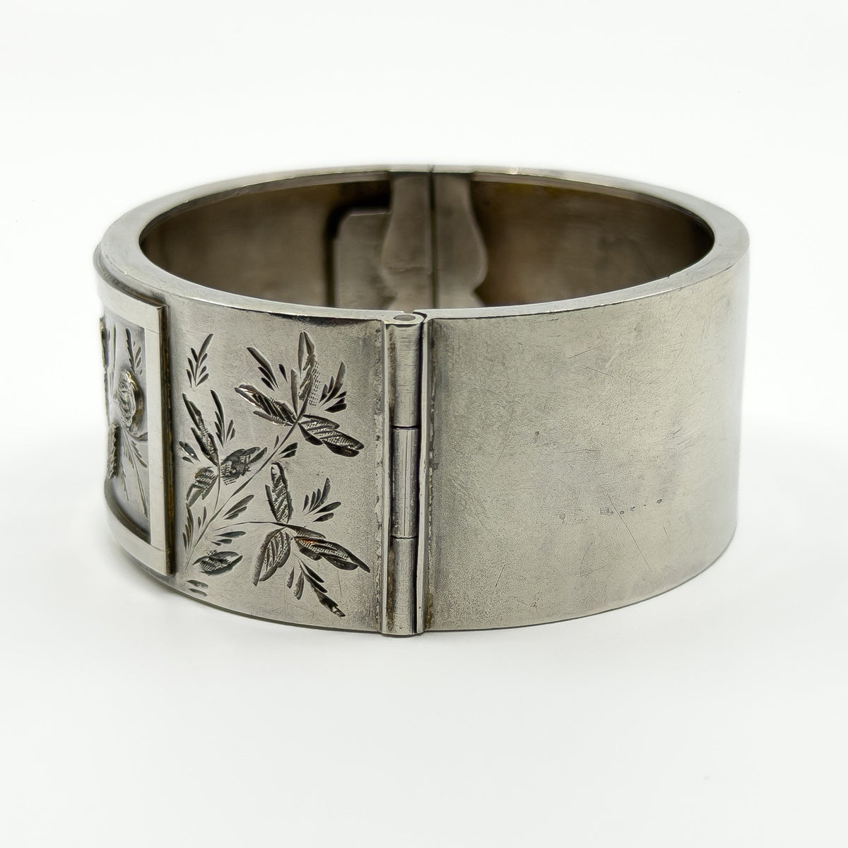Wide Antique 1883 Victorian Sterling Silver Engraved Floral Bangle 925
