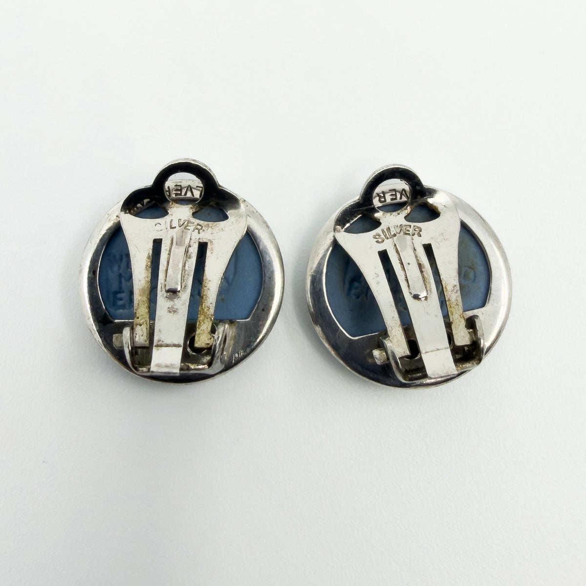 Vintage Sterling Silver Jasper Ware Blue Cameo Clip on Earrings 925