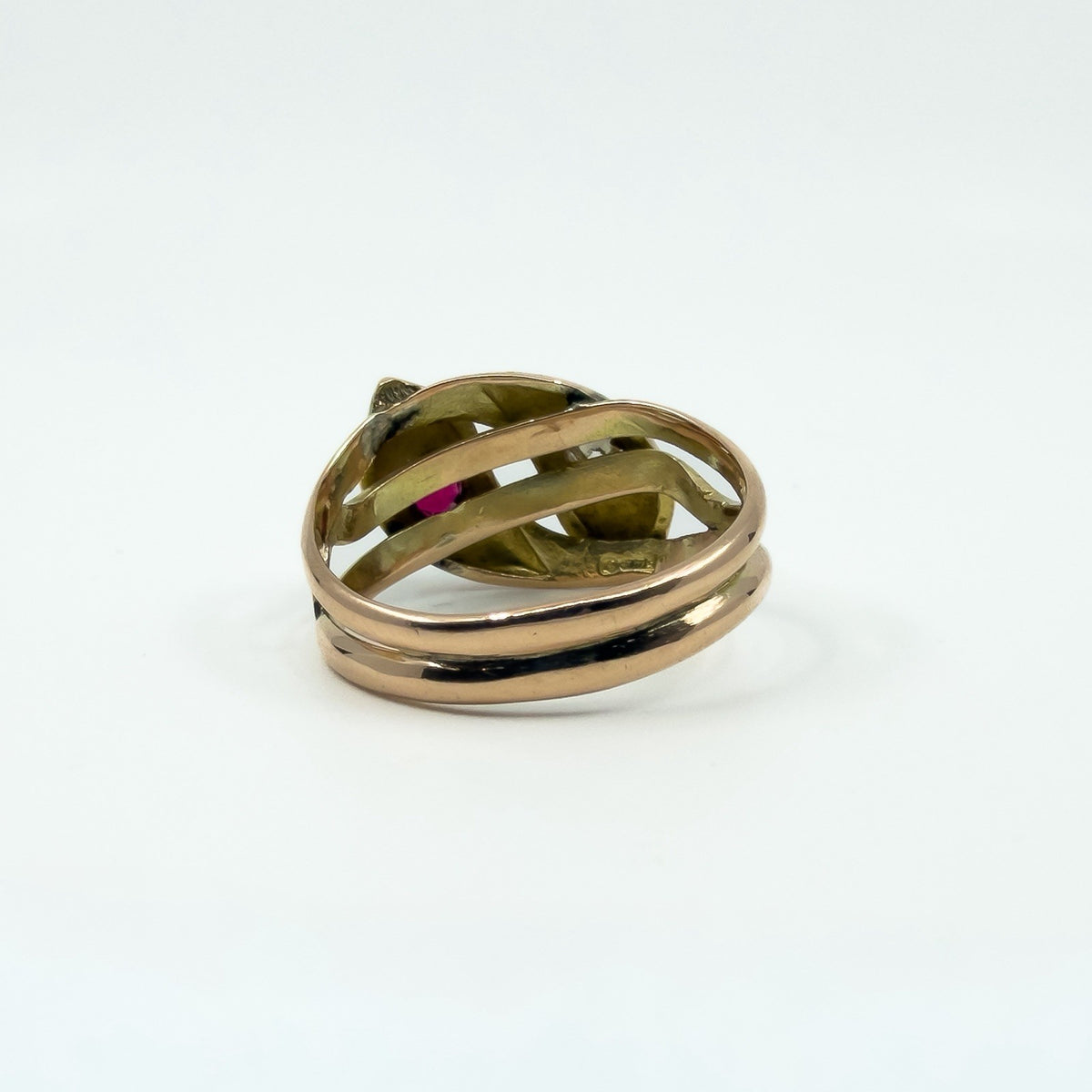 Antique 9ct Rose Gold Double Snake Diamond & Garnet Ring Size U (Chester 1909)