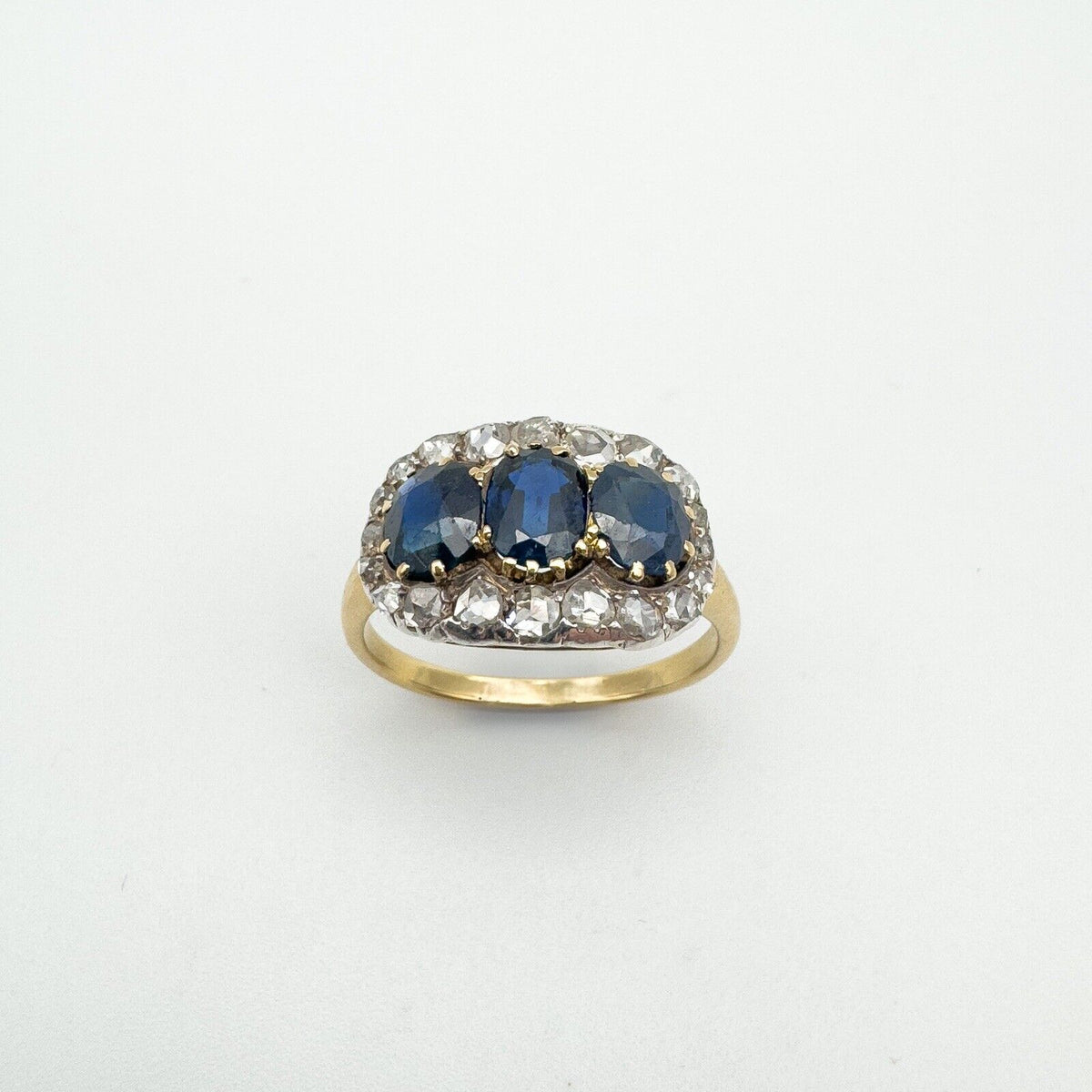 Antique 18ct Gold1.80ct Trilogy Sapphire & Rose Cut Diamond Ring Size R - S