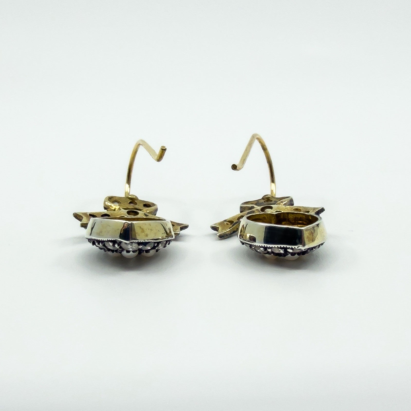 Silver Gilt Diamond & Pearl Puffy Heart Drop Bow Earrings 925