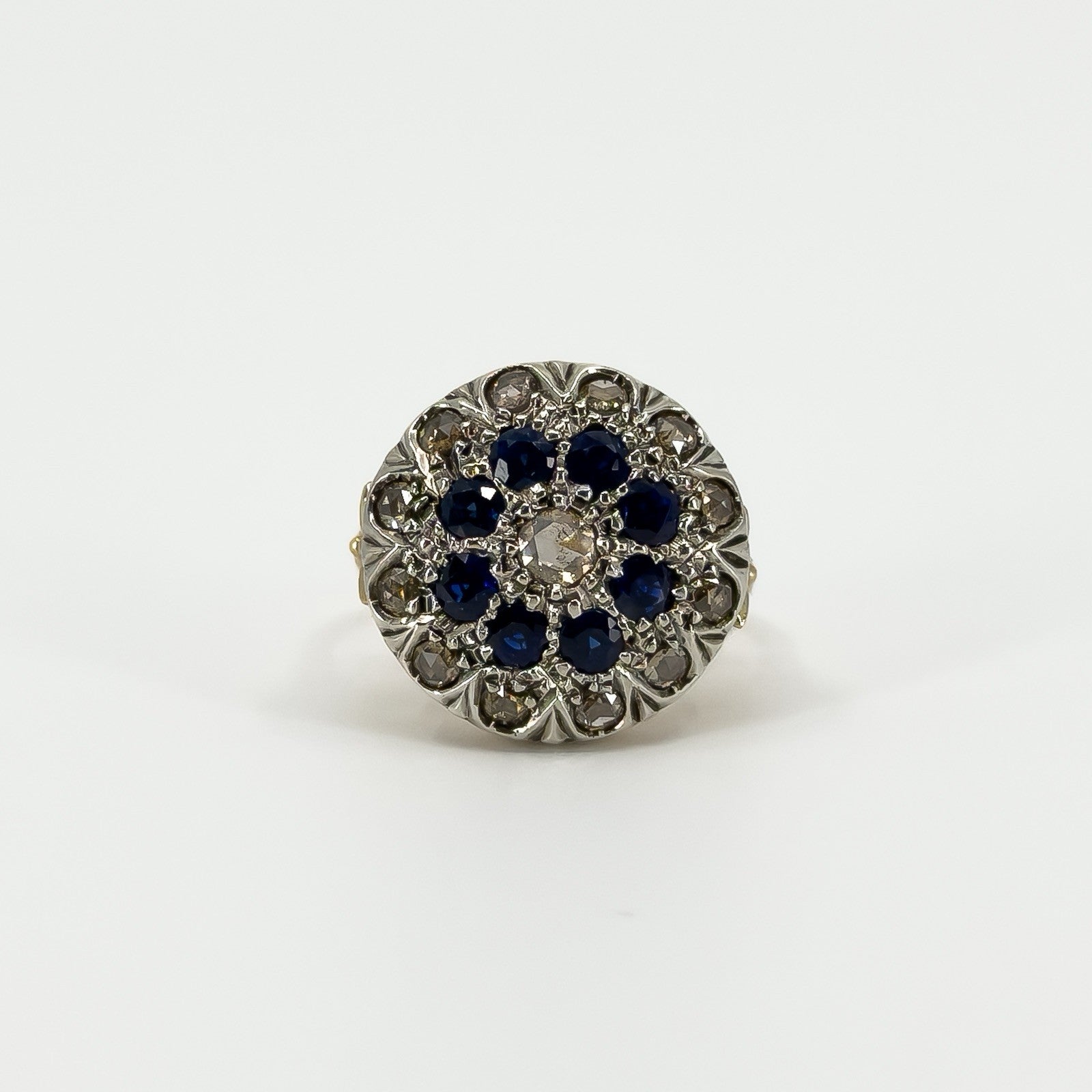 Antique Edwardian 14ct Gold Rose Cut Diamond & Sapphire Bombe Ring 585 Size O P