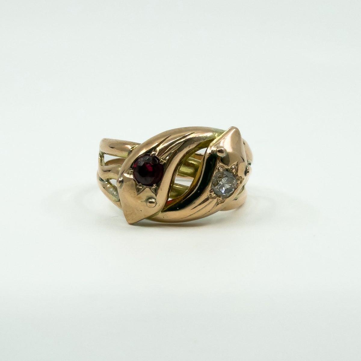 Antique 9ct Rose Gold Double Snake Diamond & Garnet Ring Size U (Chester 1909)