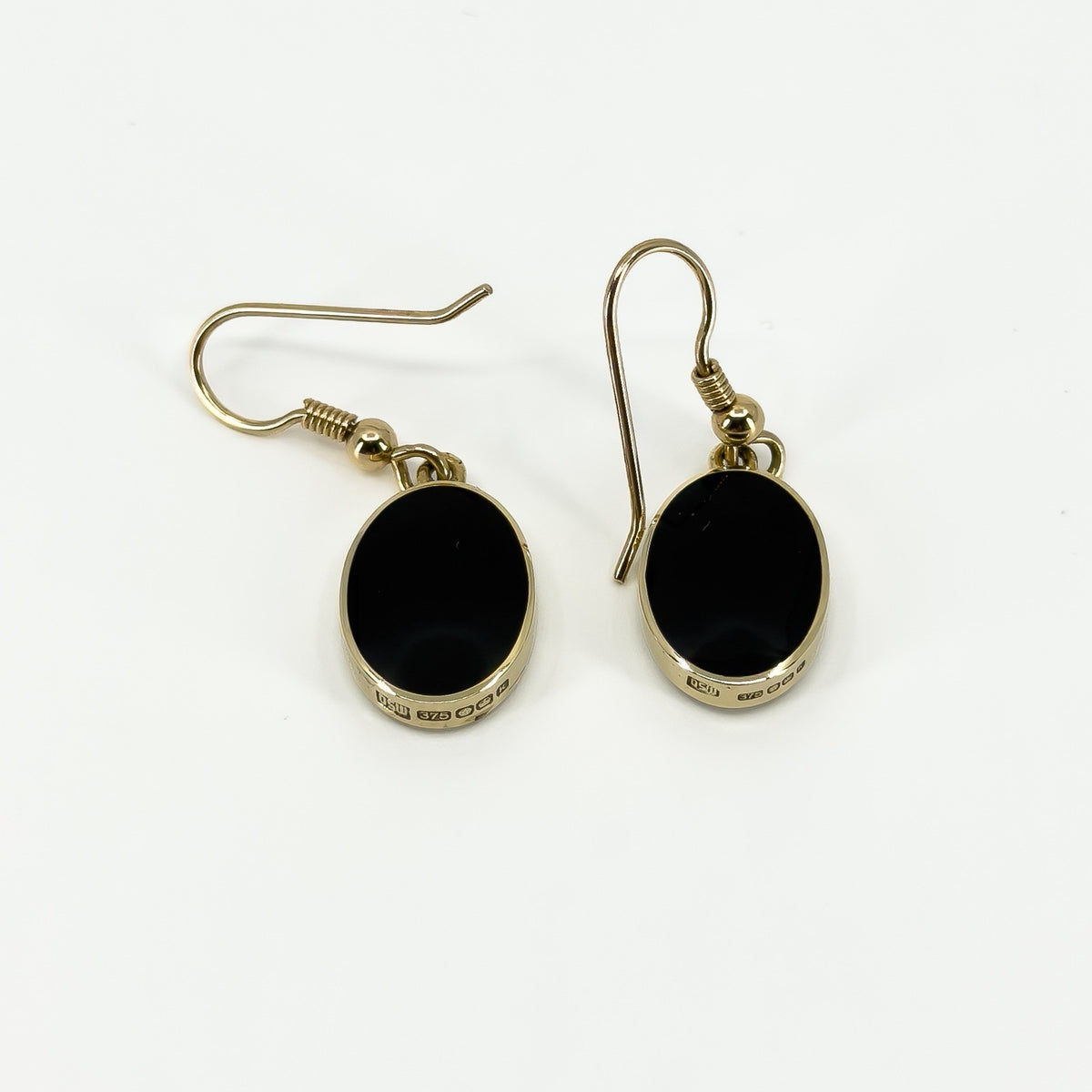 Vintage 9ct Gold Fob Earrings Blue John & Black Onyx 375 by David Scott Walker