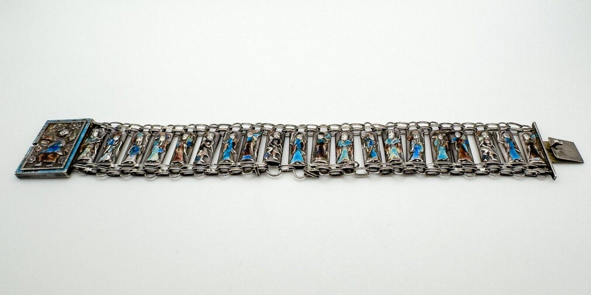 RARE Vintage Antique Silver Chinese People Enamelled Bracelet - 8x Immortals 16g