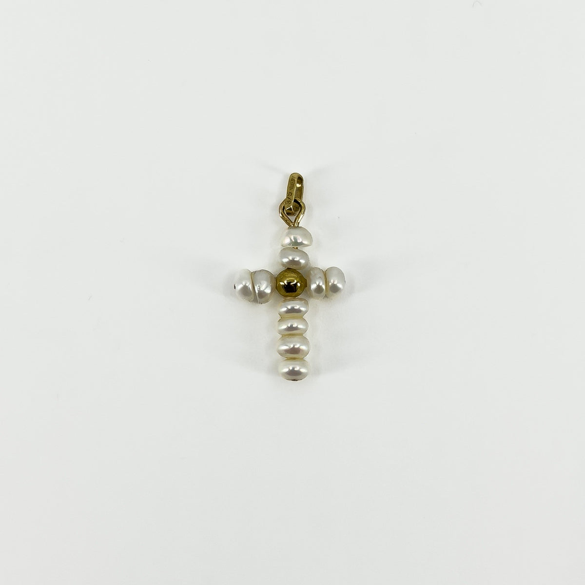 Tiny Vintage 9ct Gold Freshwater Pearl Christian Cross Pendant / Charm 375