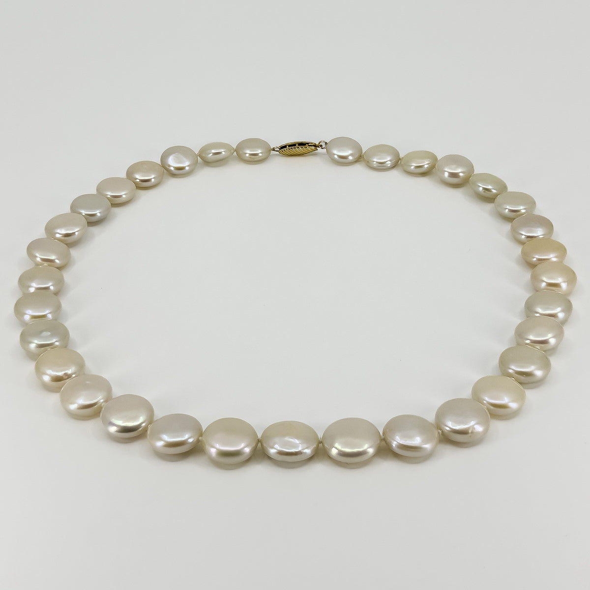 14ct Gold Cultured Freshwater Button / Disk Pearl 18” Necklace 585
