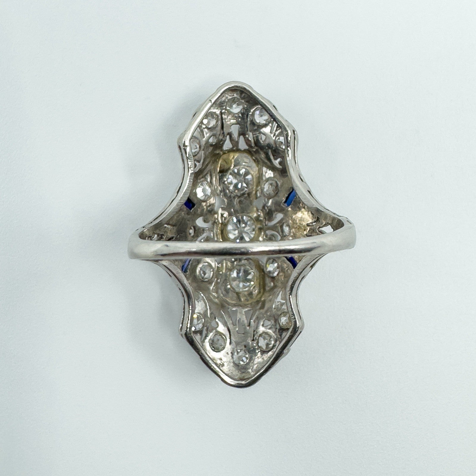 Antique / Art Deco Platinum Diamond & Sapphire Trilogy Navette Ring Size M