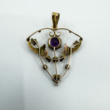 Vintage 9ct Gold 1ct Purple Amethyst & Pearl Lavalier Pendant Art Nouveau 375