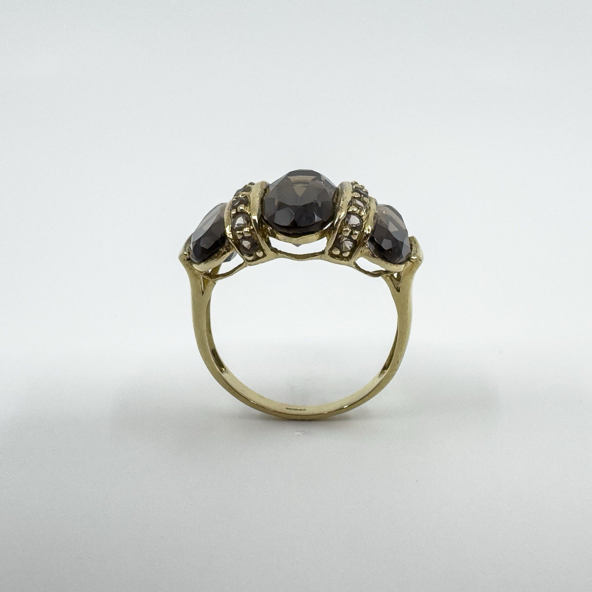 Huge Vintage 9ct Gold Chunky Smokey Quartz Trilogy Size T - U
