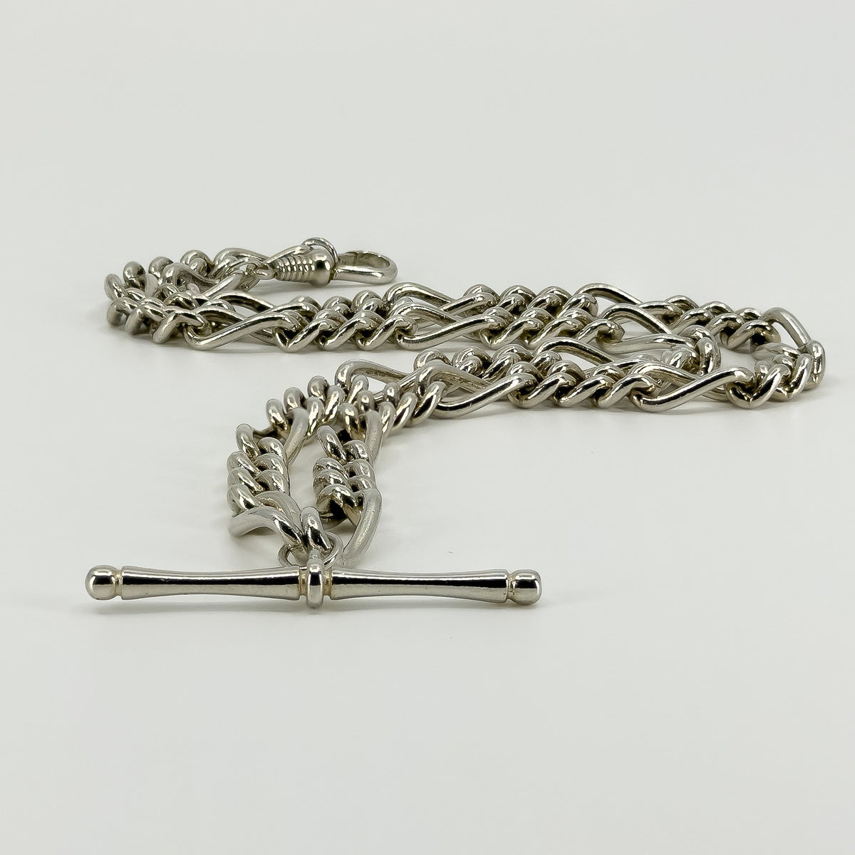 Vintage Sterling Silver Fancy Figaro Link 17” Albert Chain & T-Bar 925