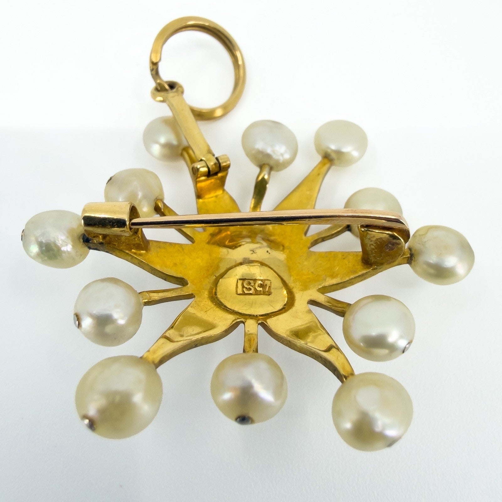 Large Vintage 18ct Gold Celestial Star Pearl Brooch / Pendant 750