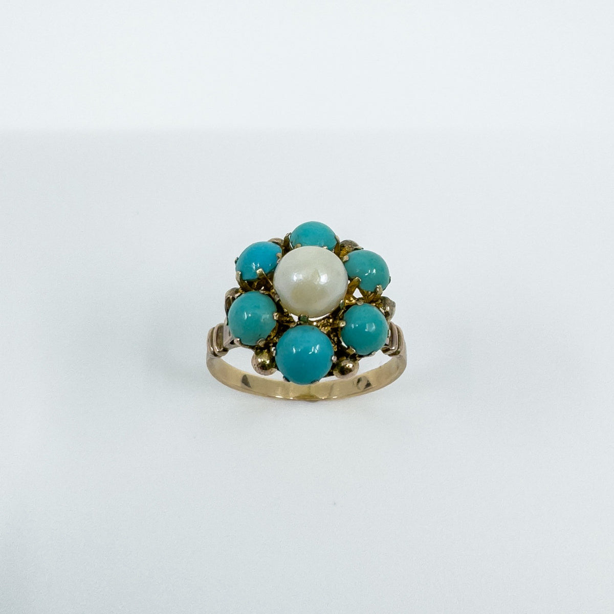 Antique 14ct Gold Pearl & Turquoise Ring Size L