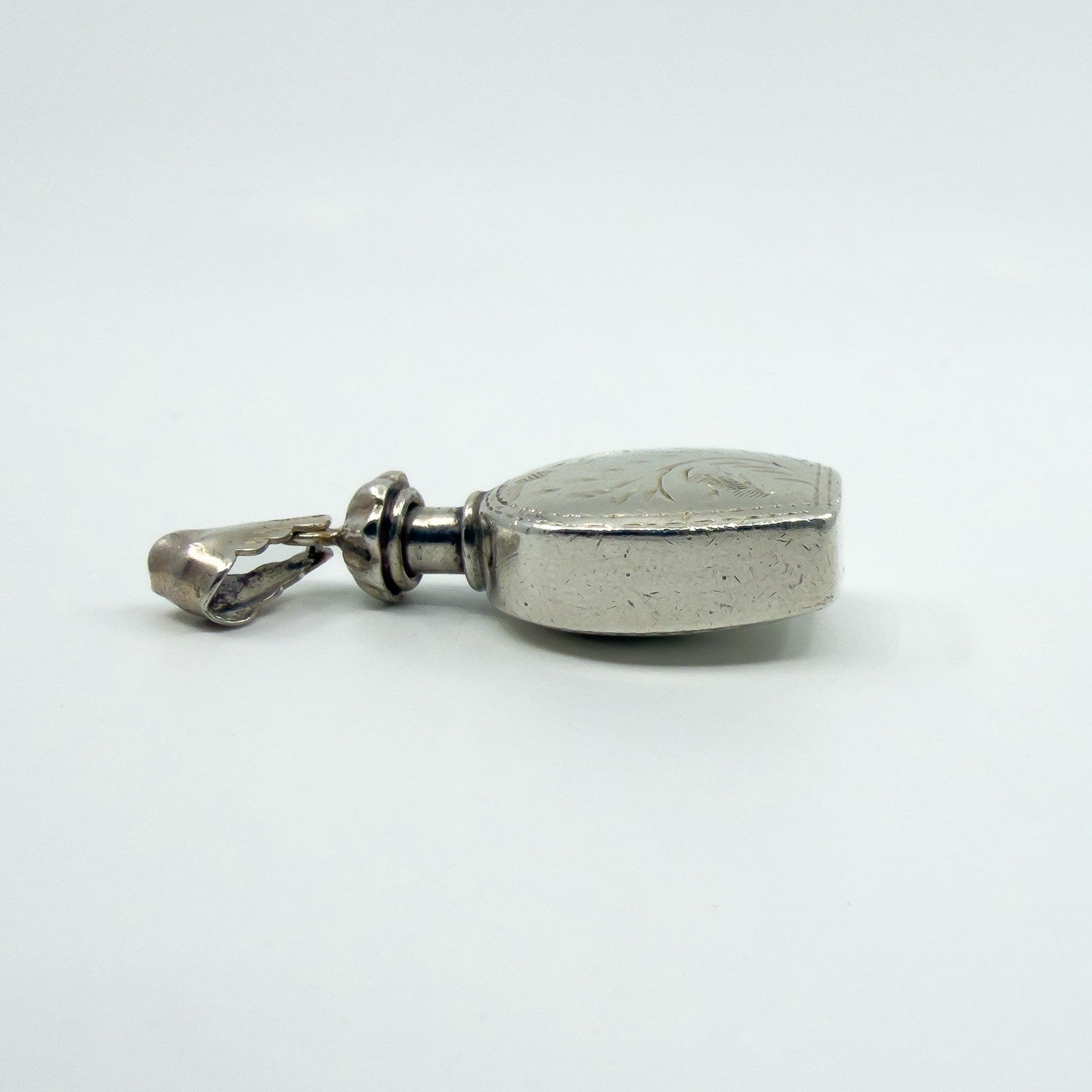 Chunky Sterling Silver Vintage Perfume / Poison Bottle Engraved Pendant 925