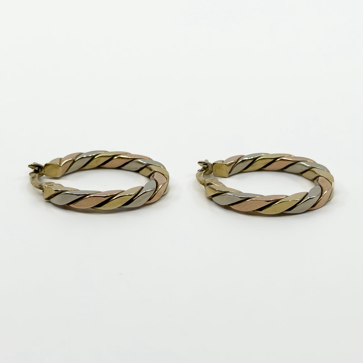 Chunky Vintage 9ct Gold Tri Coloured Twisted Hoop Earrings 375
