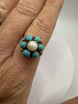 Antique 14ct Gold Pearl & Turquoise Ring Size L