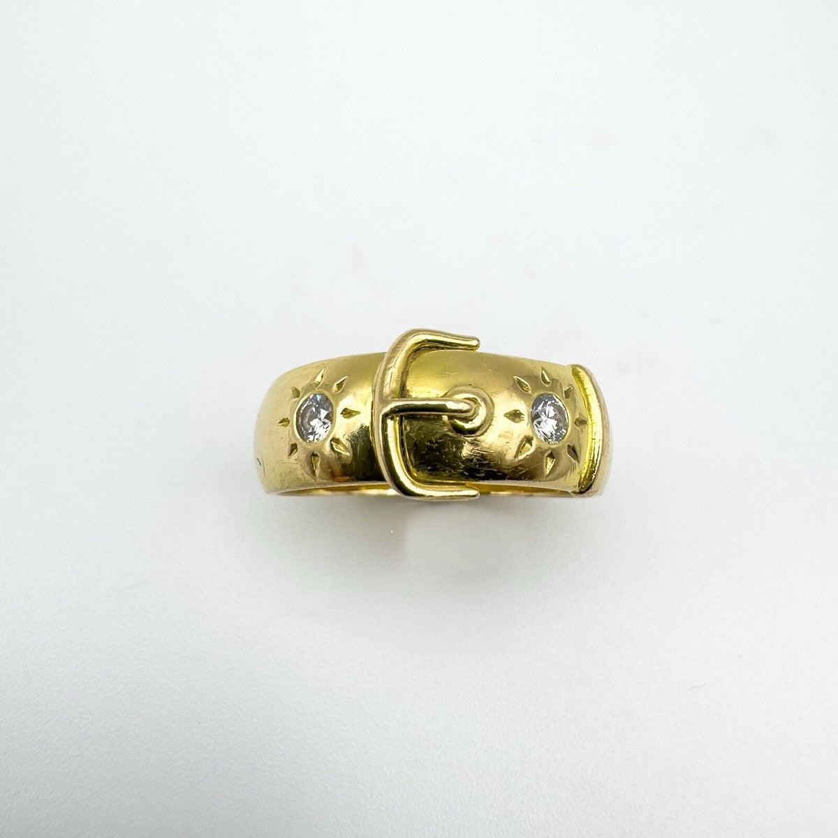Vintage 18ct Gold 0.20ct Double Diamond Buckle Ring Size P Heavy 7g 6.9mm Band