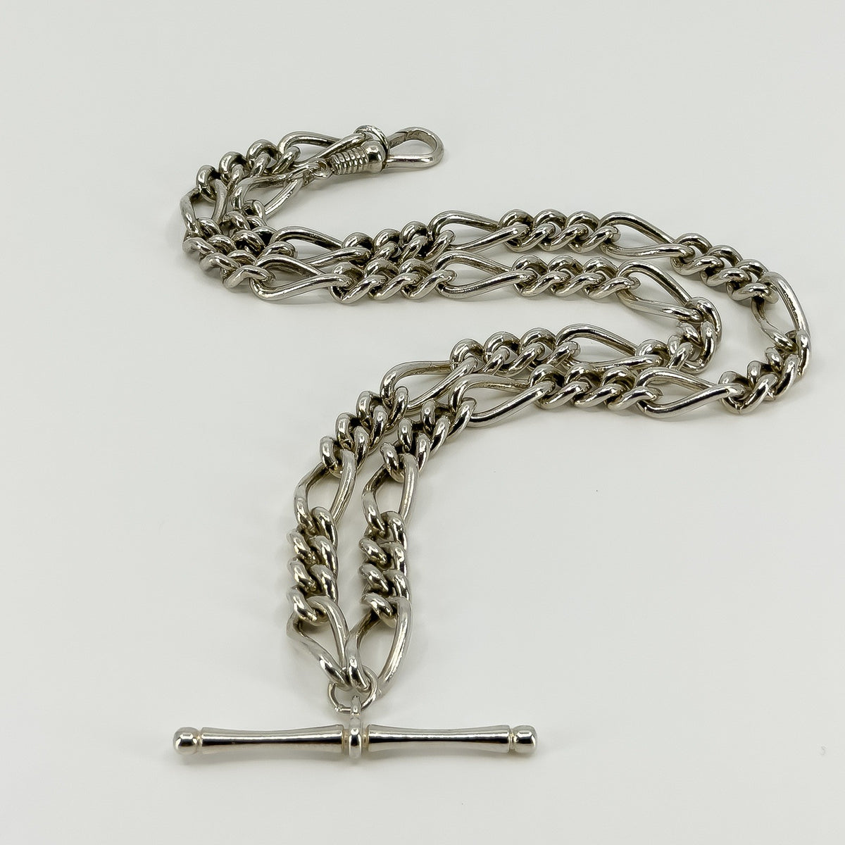 Vintage Sterling Silver Fancy Figaro Link 17” Albert Chain & T-Bar 925