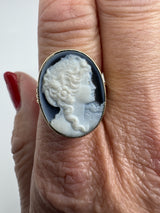 Vintage 9ct Gold Chunky Carved Blue Agate Cameo Locket Ring 375 Size S - T