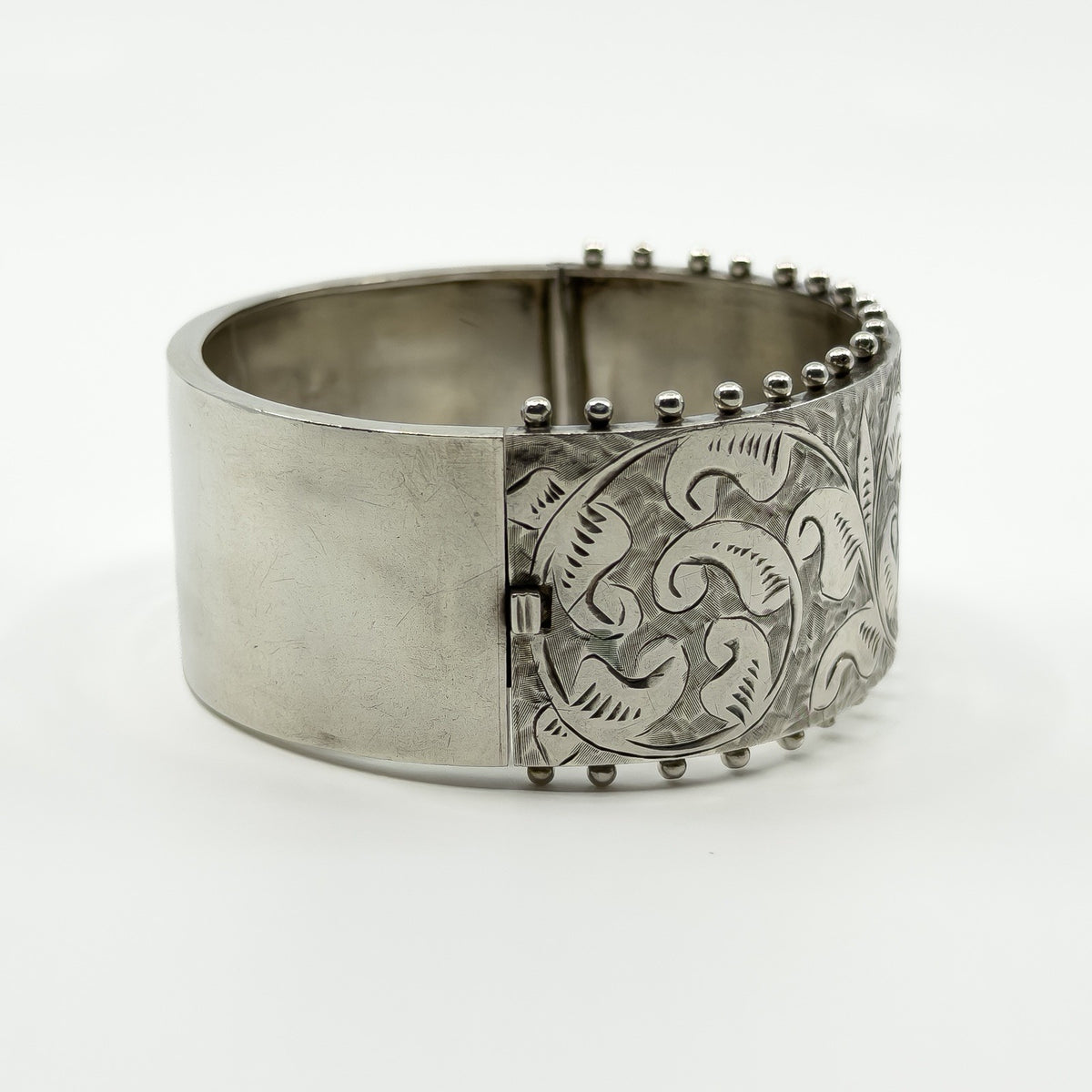 Wide Antique 1885 Victorian Sterling Silver & Gold Engraved Floral Bangle 925