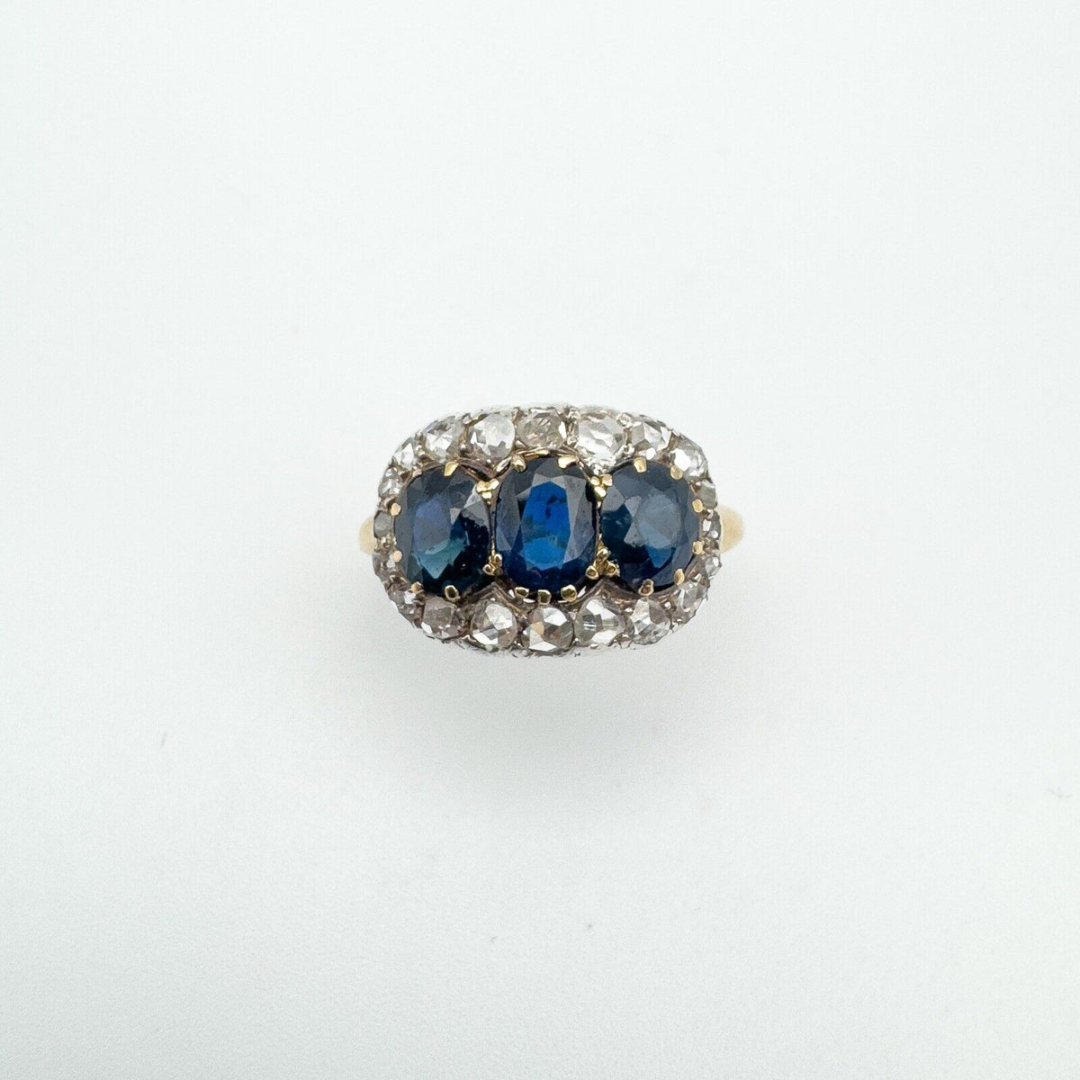 Antique 18ct Gold1.80ct Trilogy Sapphire & Rose Cut Diamond Ring Size R - S