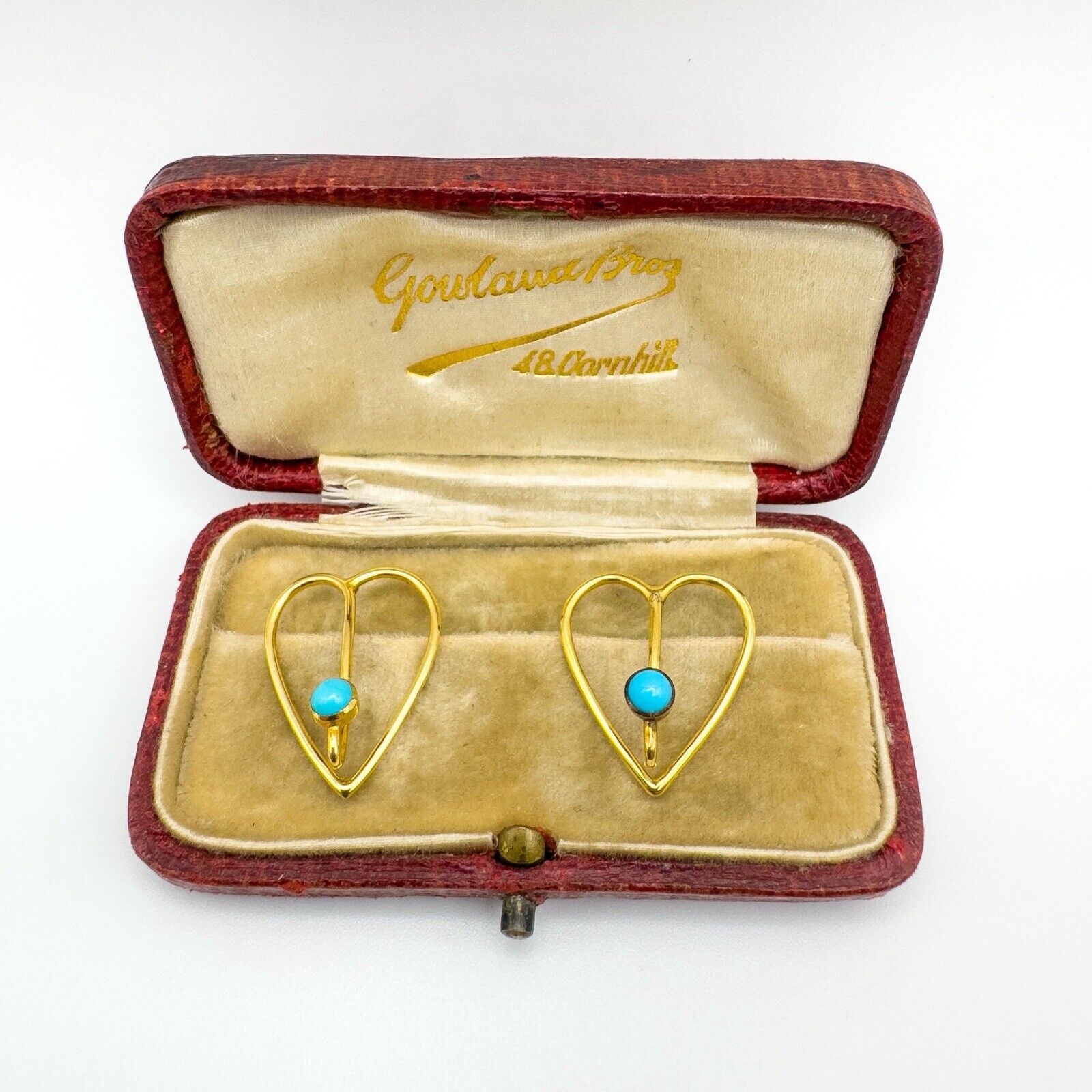 Antique 9ct Gold Turquoise Cufflinks or Collar Clips with Original Box