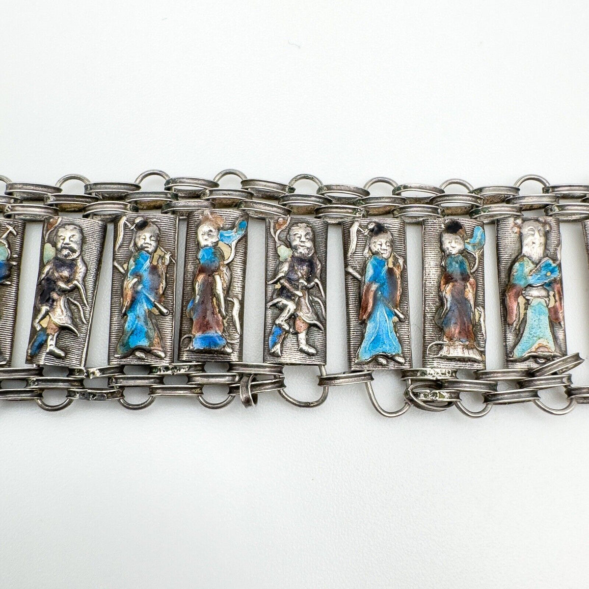 RARE Vintage Antique Silver Chinese People Enamelled Bracelet - 8x Immortals 16g
