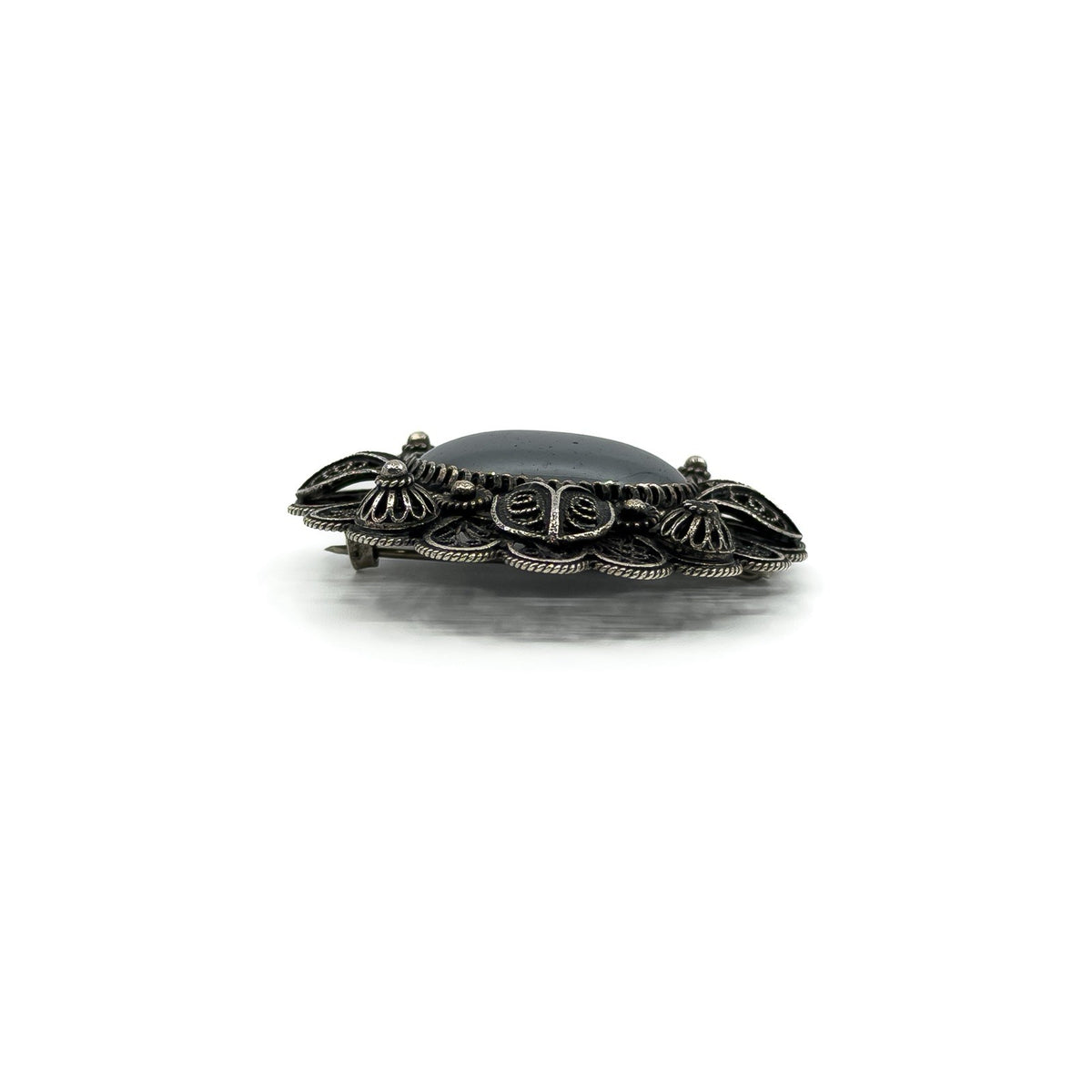 Large Vintage Sterling Silver Filigree Hematite Brooch 925