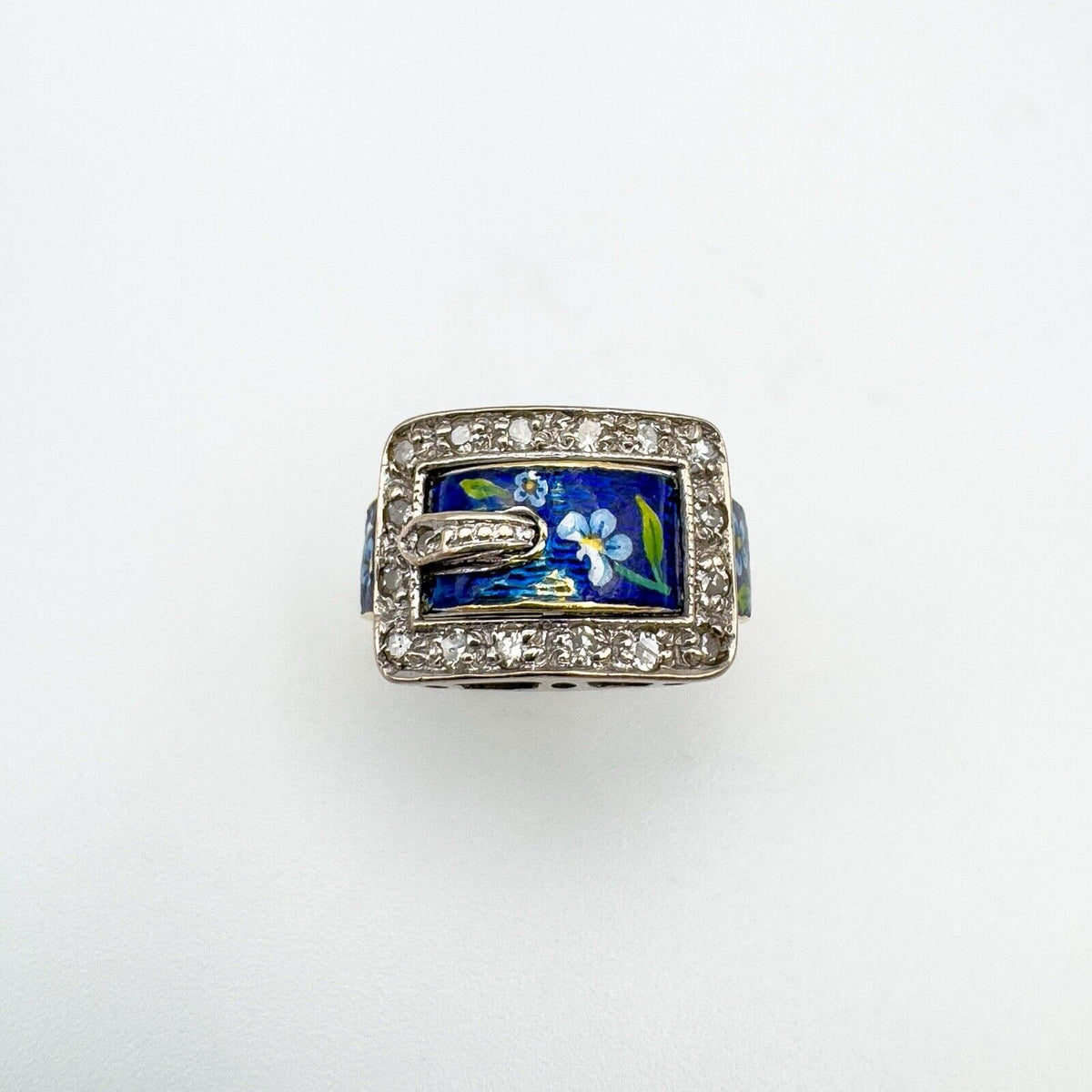 Unusual Vintage 18ct Gold Diamond & Floral Enamelled Buckle Ring Size M Heavy 6g
