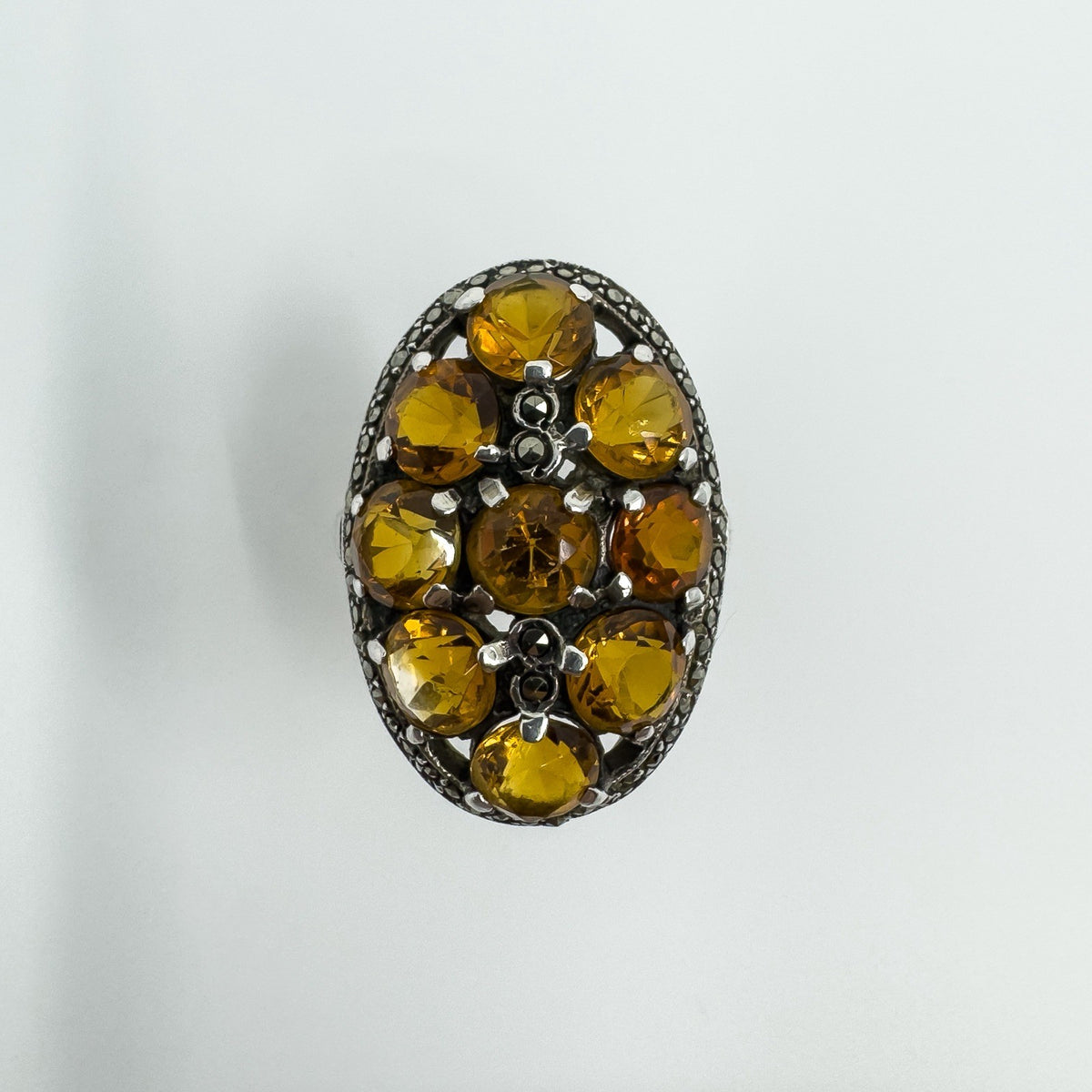 Huge Chunky Sterling Silver 4.50ct Citrine & Marcasite Cocktail Ring Size O - P