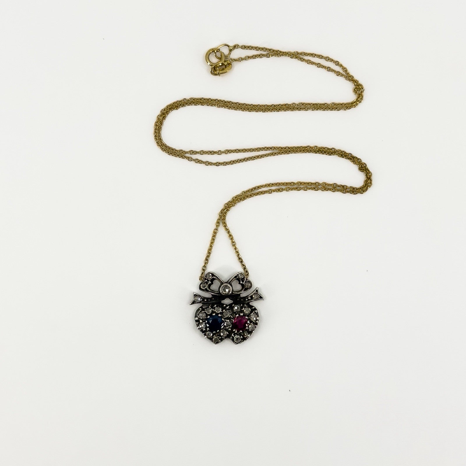 18ct Gold Ruby Sapphire & Diamond Double Sweetheart Bow Pendant & Necklace 750