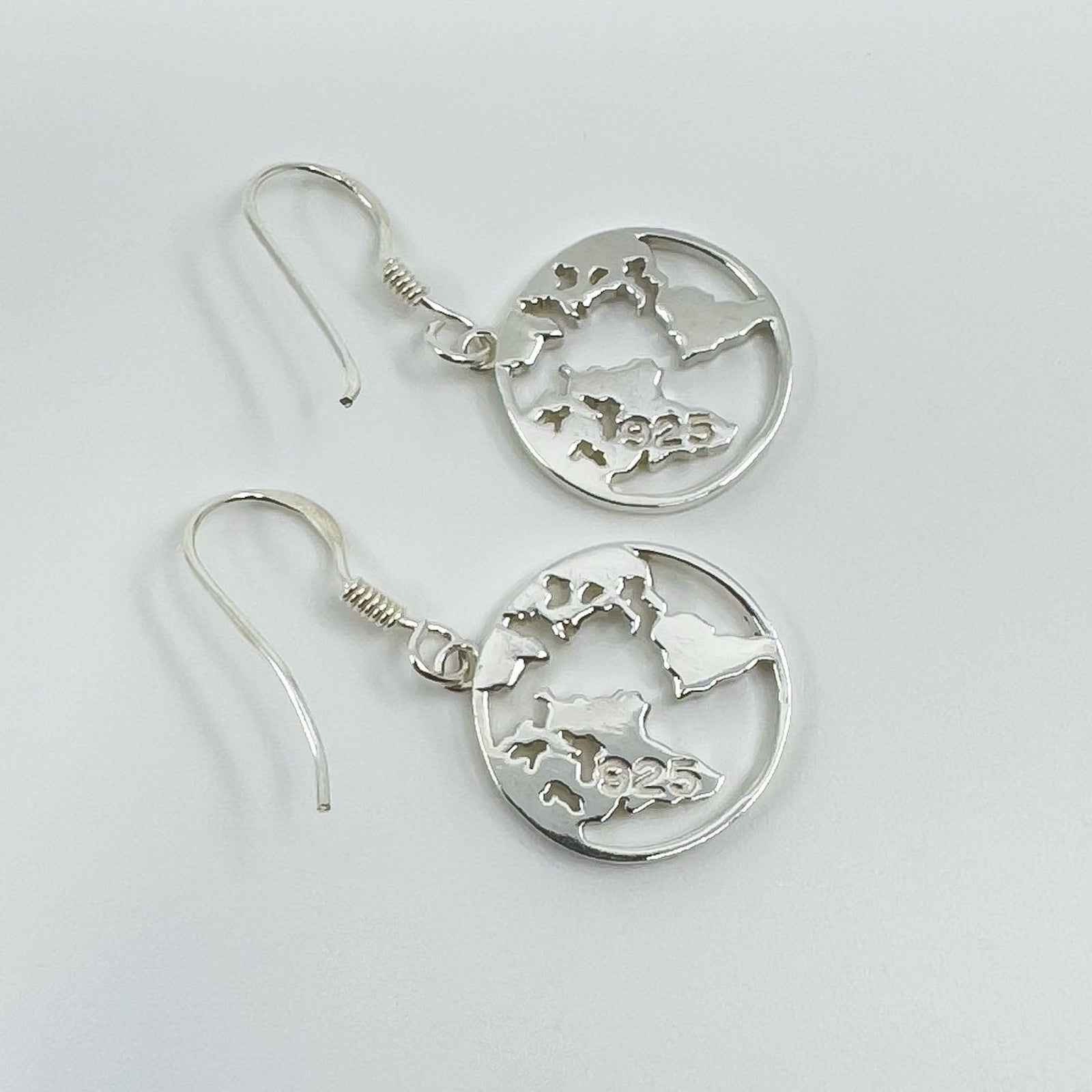 New World Map Earrings on Shepherd Hooks in Sterling Silver 925