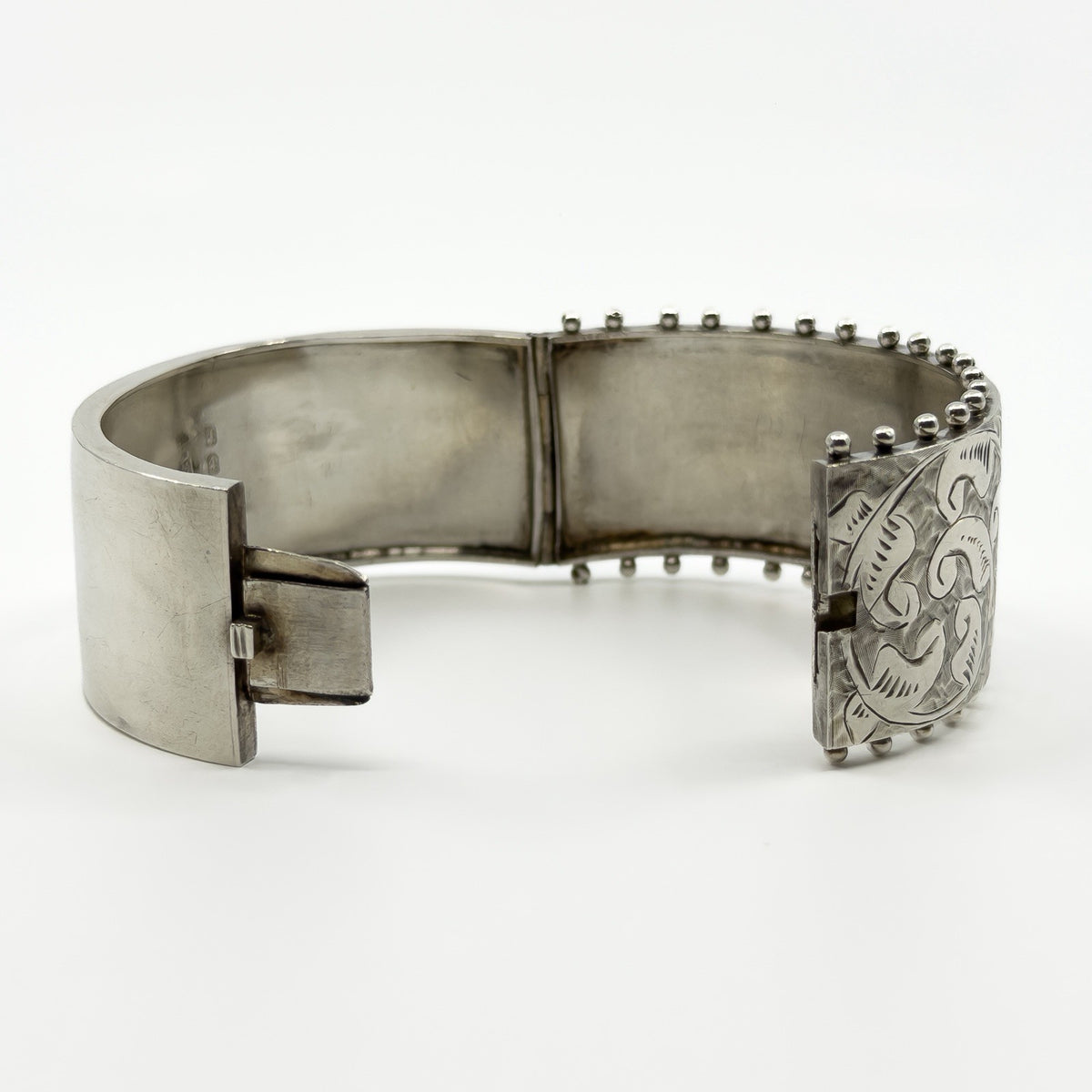 Wide Antique 1885 Victorian Sterling Silver & Gold Engraved Floral Bangle 925