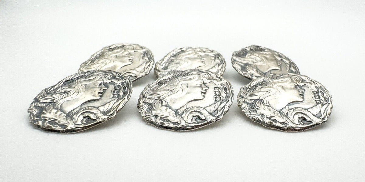 Set of 6 Art Nouveau Buttons in Sterling Silver 925 (Birm 1901) Antique by CF FS