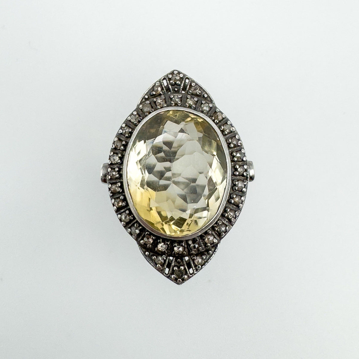 12ct Citrine & Diamond Navette Cocktail Ring in Sterling Silver 925 Size M - N