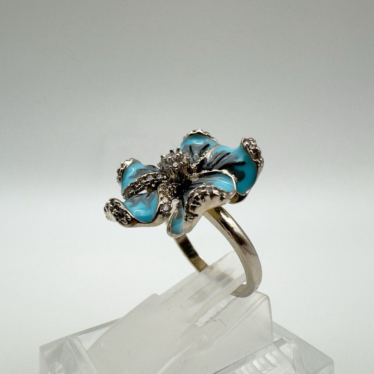 Huge Unusual Enamelled Blue Flower Pansy CZ Cocktail Ring Size L - M 6g