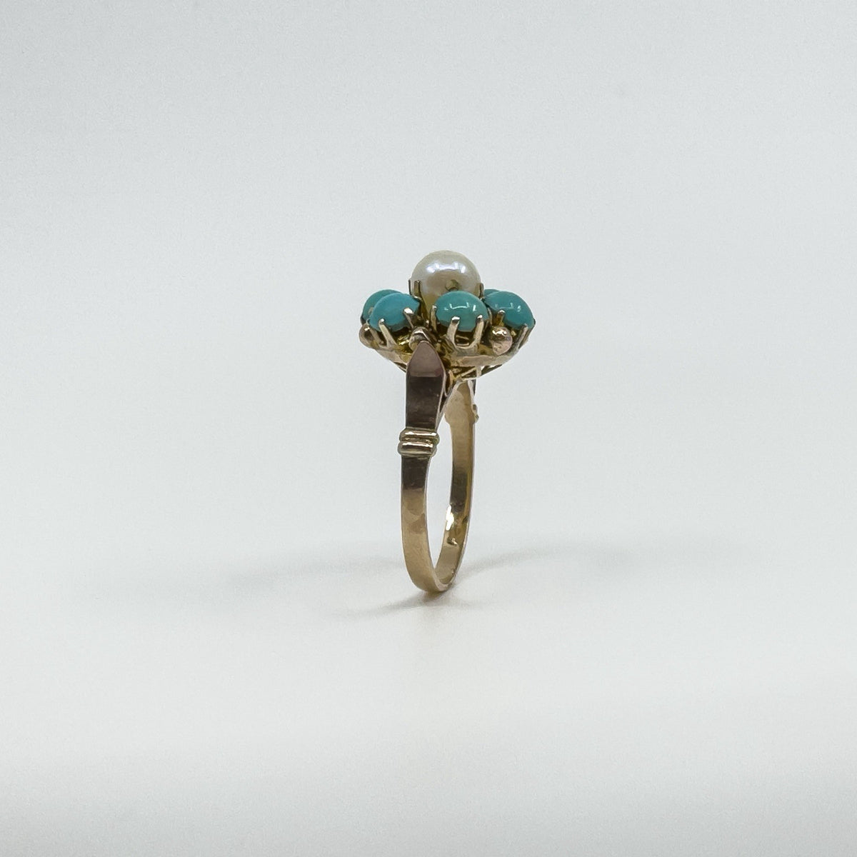 Antique 14ct Gold Pearl & Turquoise Ring Size L