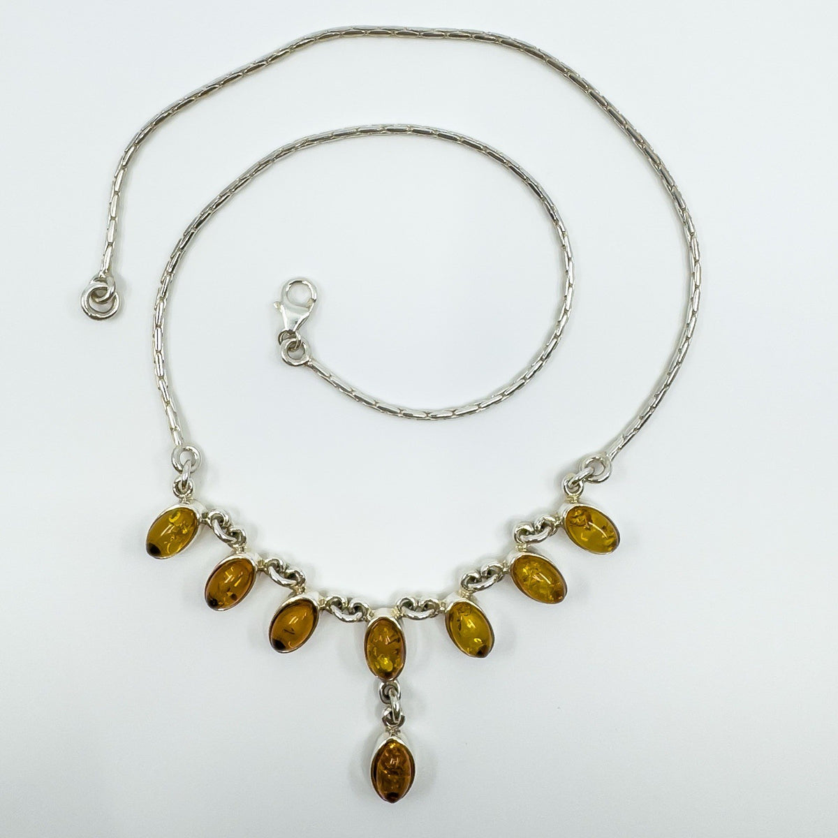 Vintage Sterling Silver Baltic Amber Fringed Drop 19” Necklace 925