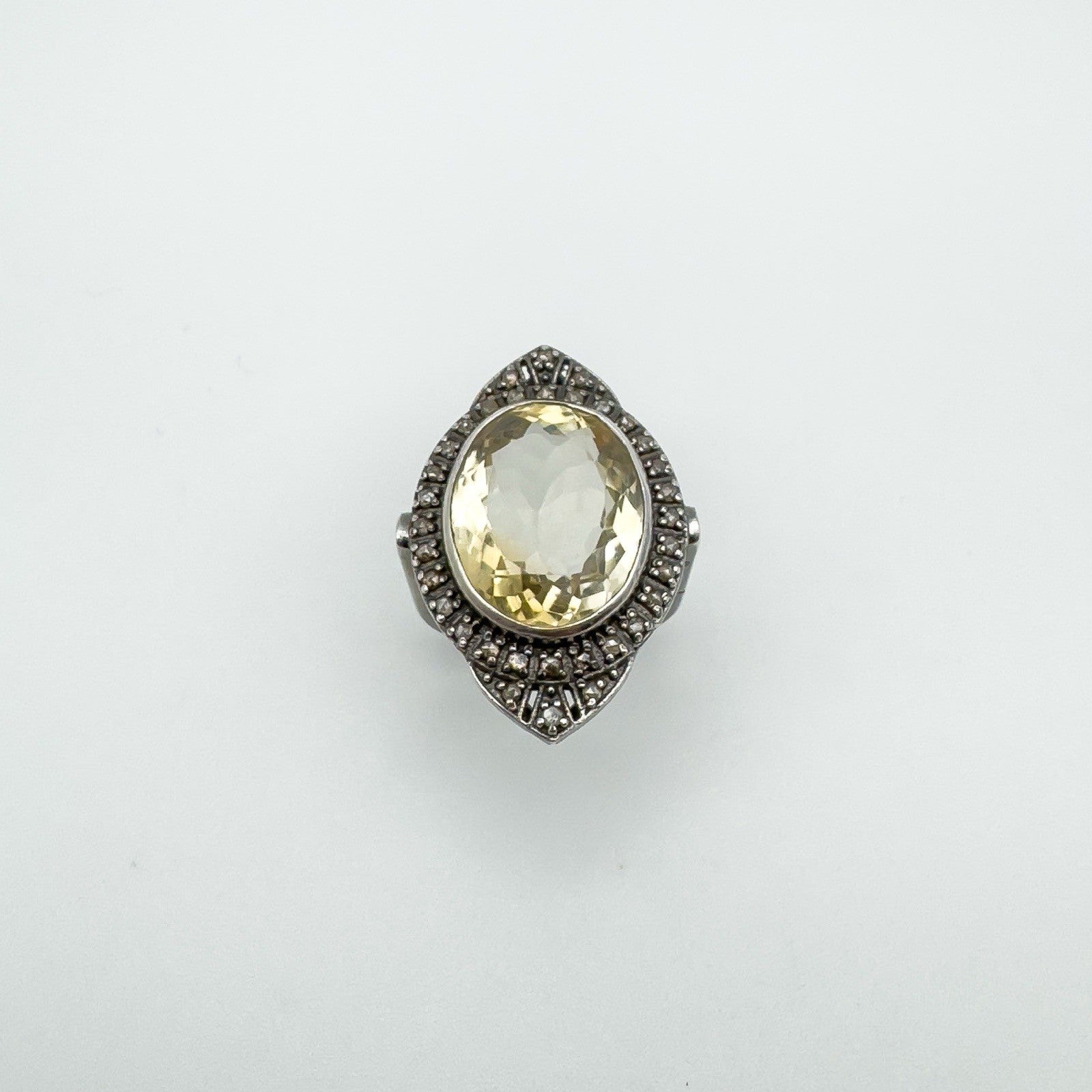 12ct Citrine & Diamond Navette Cocktail Ring in Sterling Silver 925 Size M - N