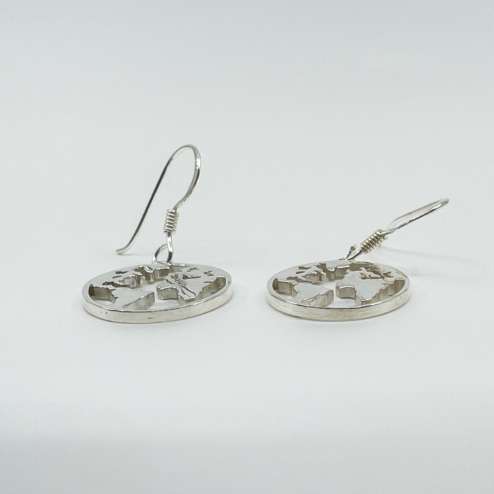 New World Map Earrings on Shepherd Hooks in Sterling Silver 925
