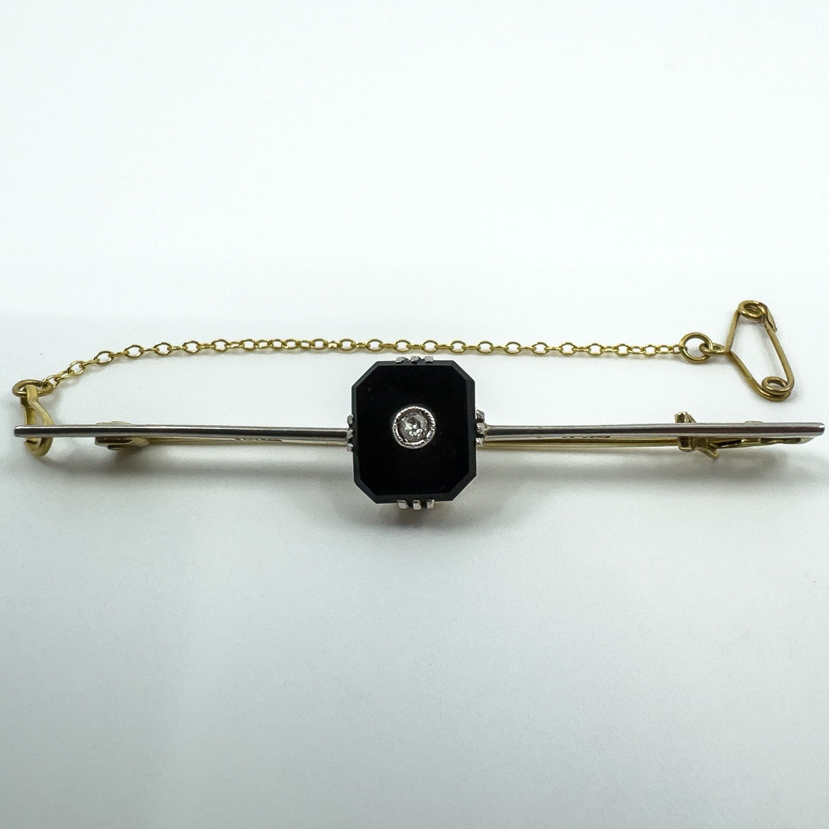 Antique / Art Deco 18ct & 15ct Gold Diamond & Black Onyx Bar Brooch 750